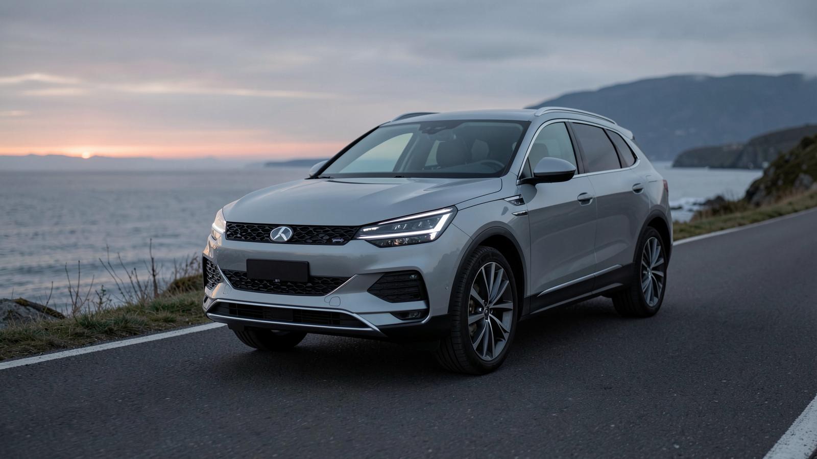 Volvo EX90 electric SUV on a Scandinavian coastal road at dusk