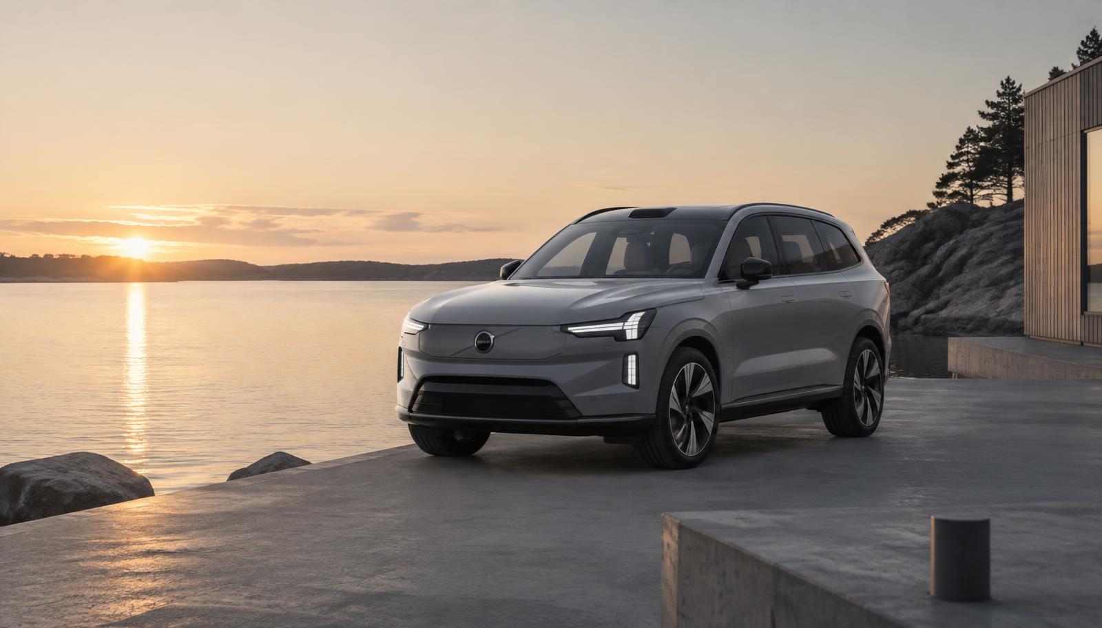 Volvo EX90 electric SUV at sunset on a Scandinavian waterfront